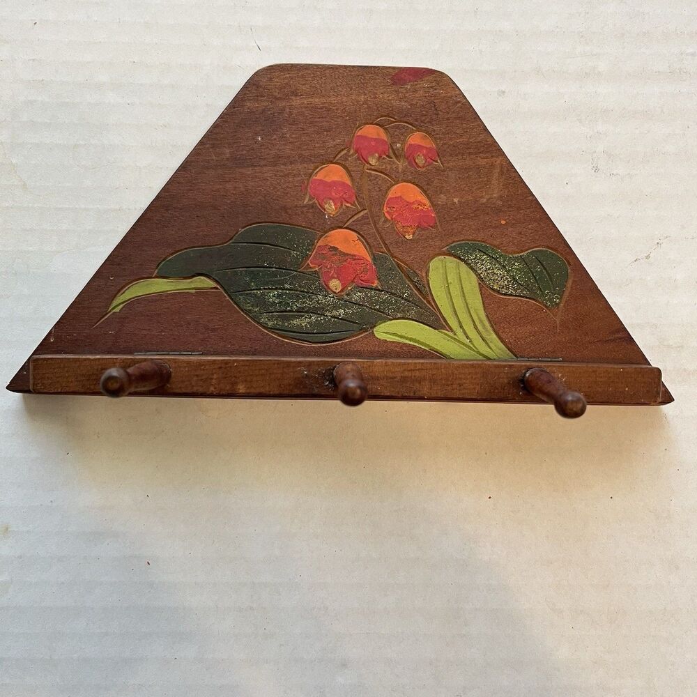 Vintage Cottagecore Mounted Wooden Key Holder 3 Keys Japan Hand Painted